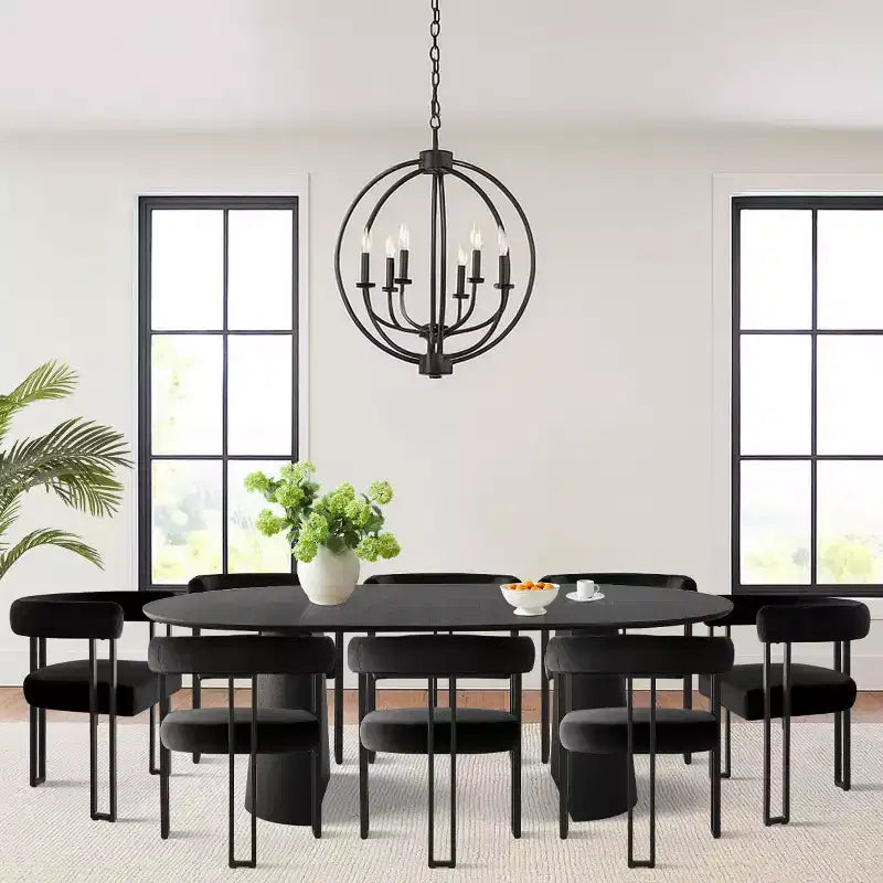 47-83 Extendable Dining Table Set for 8, Black Table and 8 Velvet Armchairs with Sleek Metal Legs, Ideal for Gatherings-Panipeachy
