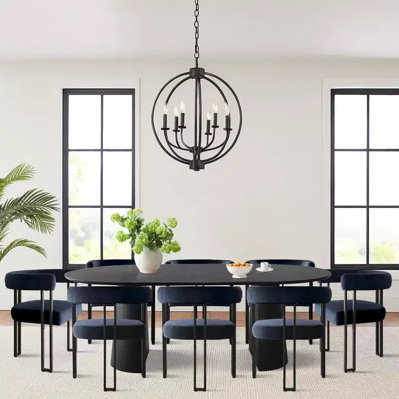 47-83 Extendable Dining Table Set for 8, Black Table and 8 Velvet Armchairs with Sleek Metal Legs, Ideal for Gatherings-Panipeachy