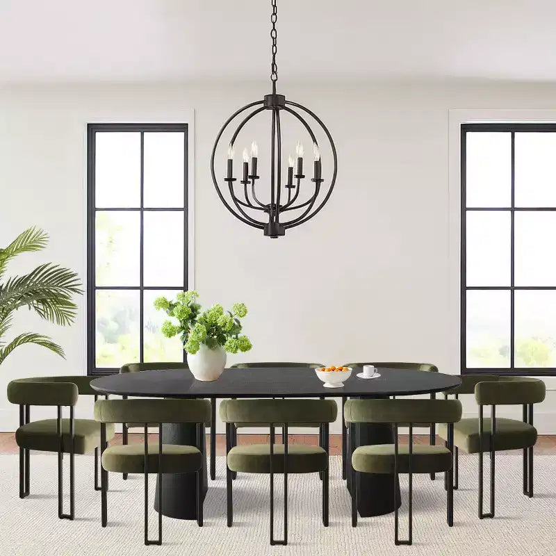 47-83 Extendable Dining Table Set for 8, Black Table and 8 Velvet Armchairs with Sleek Metal Legs, Ideal for Gatherings-Panipeachy
