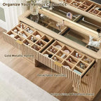 48 Fluted Makeup Vanity Desk with Mirror and Lights, Modern Vanity Table with 8 Drawers & Charging Station, Vanity Desk with Glass Top
