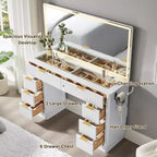 48 Fluted Makeup Vanity Desk with Mirror and Lights, Modern Vanity Table with 8 Drawers & Charging Station, Vanity Desk with Glass Top