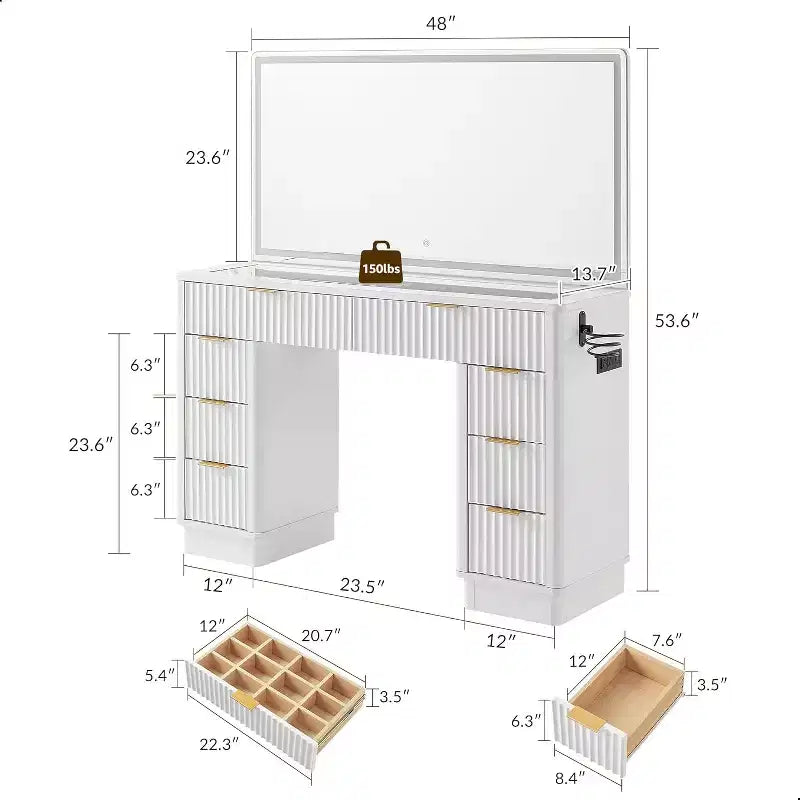 48 Fluted Makeup Vanity Desk with Mirror and Lights, Modern Vanity Table with 8 Drawers & Charging Station, Vanity Desk with Glass Top