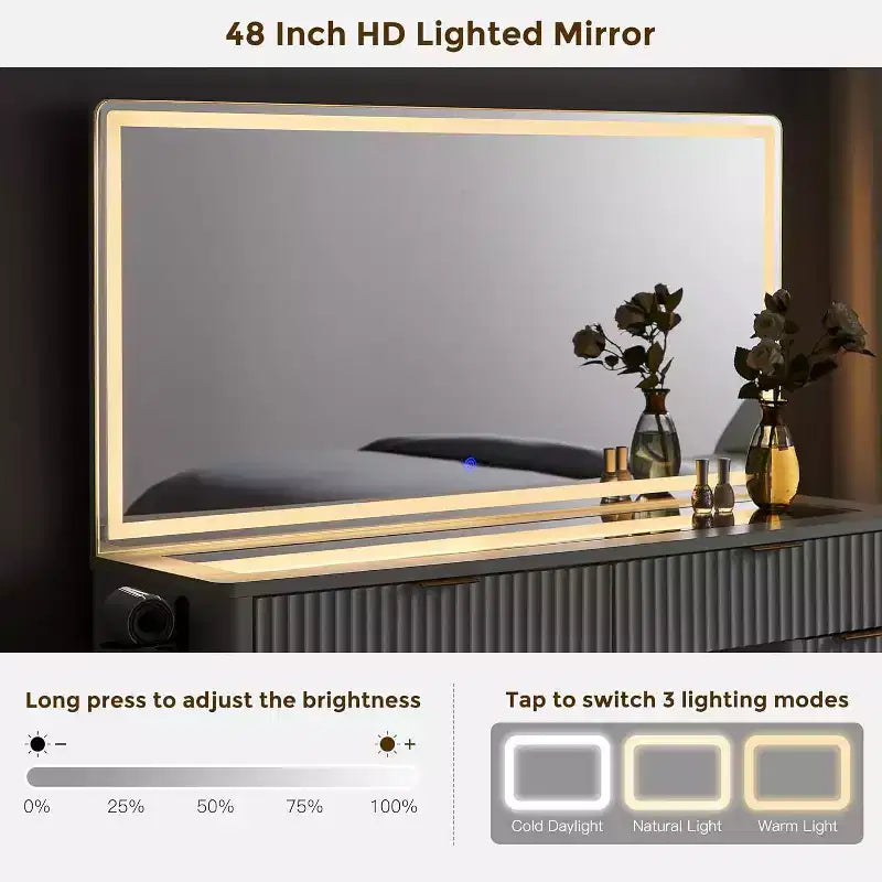 48 Fluted Makeup Vanity Desk with Mirror and Lights, Modern Vanity Table with 8 Drawers & Charging Station, Vanity Desk with Glass Top