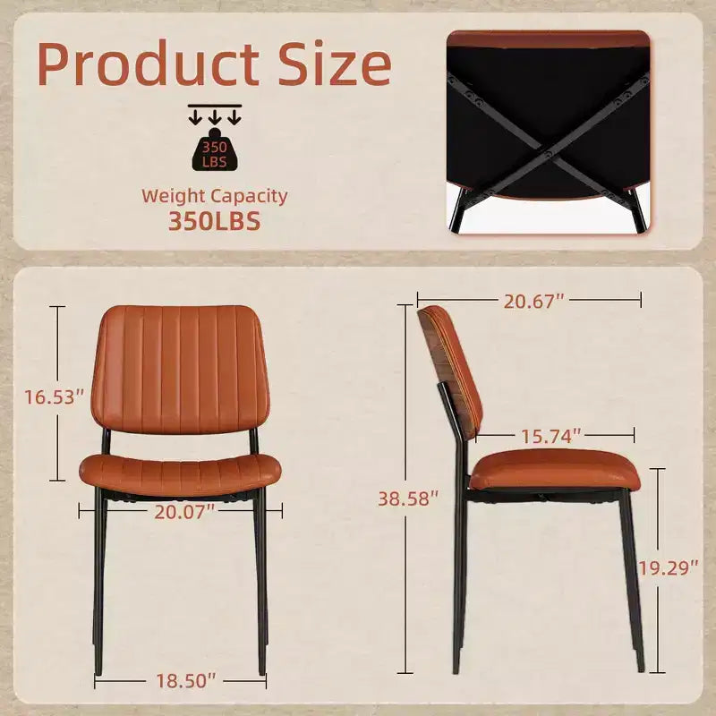 TYBOATLE Mid Century Dining Chairs Set of 2 - Modern Bentwood & Faux Leather Upholstered Kitchen Chairs with Metal Legs