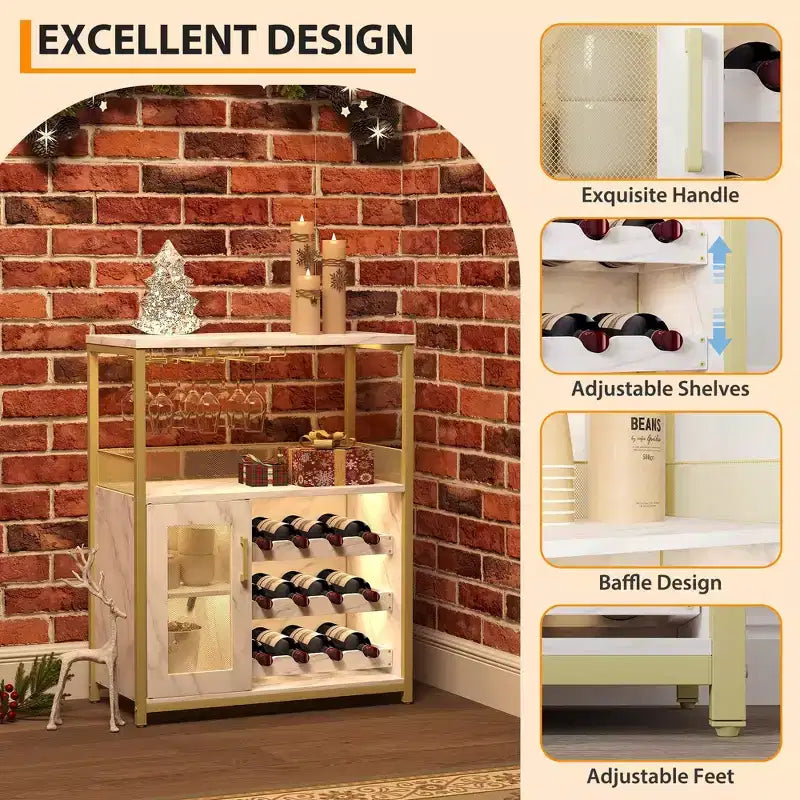 Wine Cabinet, Farmhouse Coffee Wine Bar Rack with Power Outlet & LED Light, Gold Liquor Cabinet with Detachable Rack & Glass Holder
