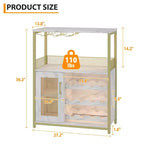 Wine Cabinet, Farmhouse Coffee Wine Bar Rack with Power Outlet & LED Light, Gold Liquor Cabinet with Detachable Rack & Glass Holder