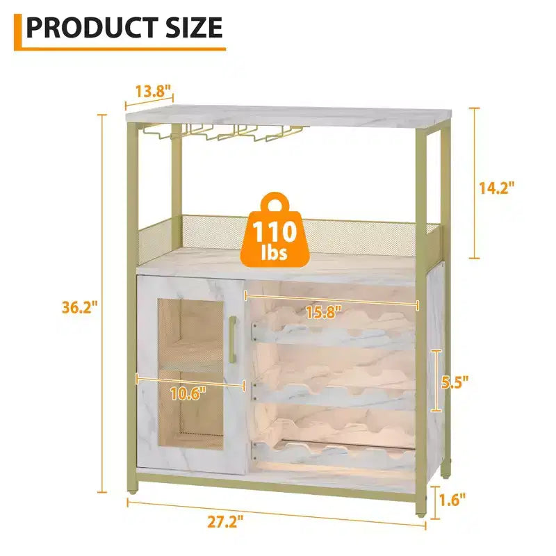 Wine Cabinet, Farmhouse Coffee Wine Bar Rack with Power Outlet & LED Light, Gold Liquor Cabinet with Detachable Rack & Glass Holder