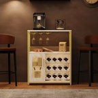 Wine Cabinet, Farmhouse Coffee Wine Bar Rack with Power Outlet & LED Light, Gold Liquor Cabinet with Detachable Rack & Glass Holder