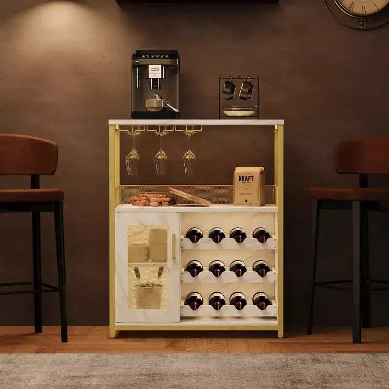 Wine Cabinet, Farmhouse Coffee Wine Bar Rack with Power Outlet & LED Light, Gold Liquor Cabinet with Detachable Rack & Glass Holder