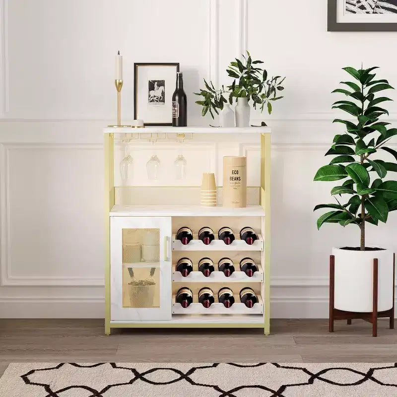 Wine Cabinet, Farmhouse Coffee Wine Bar Rack with Power Outlet & LED Light, Gold Liquor Cabinet with Detachable Rack & Glass Holder