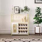Wine Cabinet, Farmhouse Coffee Wine Bar Rack with Power Outlet & LED Light, Gold Liquor Cabinet with Detachable Rack & Glass Holder