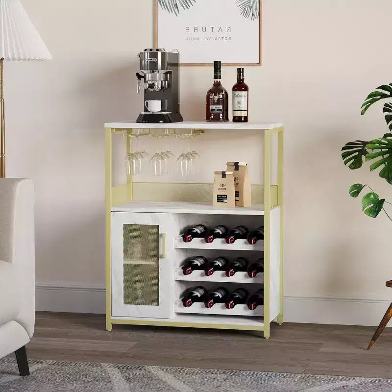 Wine Cabinet, Farmhouse Coffee Wine Bar Rack with Power Outlet & LED Light, Gold Liquor Cabinet with Detachable Rack & Glass Holder