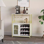 Wine Cabinet, Farmhouse Coffee Wine Bar Rack with Power Outlet & LED Light, Gold Liquor Cabinet with Detachable Rack & Glass Holder