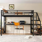 Twin XL Loft Bed with Desk and Storage Stairs Metal Loft Beds with LED Lights USB Ports Multifunctional Iron Nets No Spring Box Black