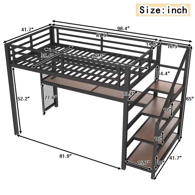 Twin XL Loft Bed with Desk and Storage Stairs Metal Loft Beds with LED Lights USB Ports Multifunctional Iron Nets No Spring Box Black