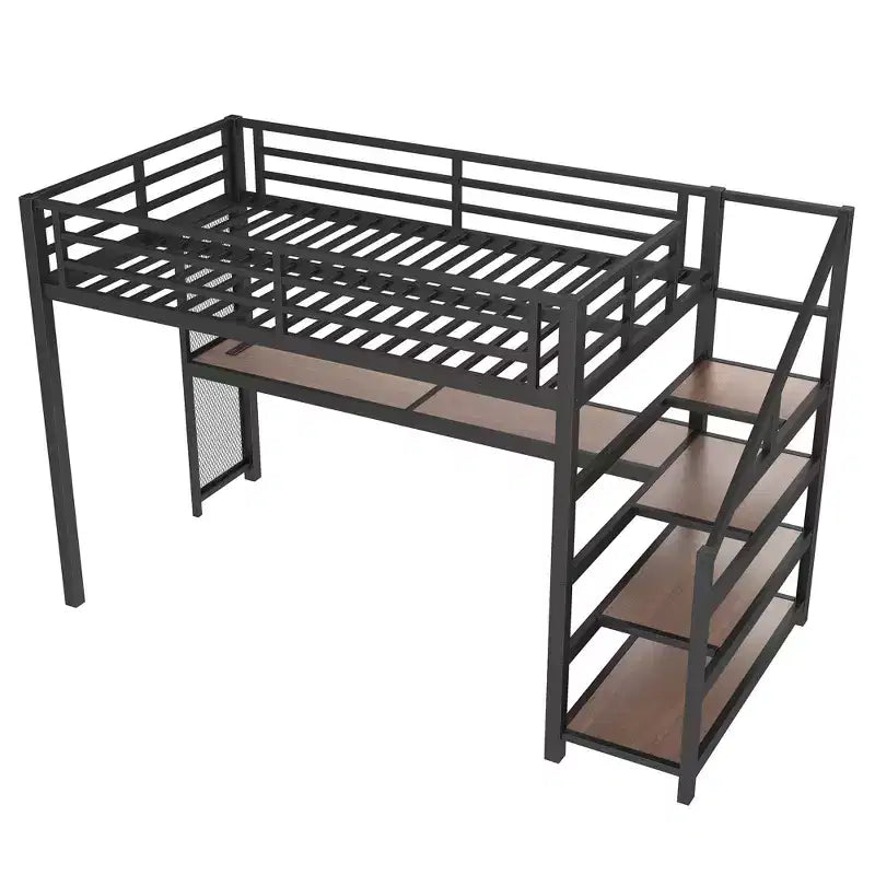 Twin XL Loft Bed with Desk and Storage Stairs Metal Loft Beds with LED Lights USB Ports Multifunctional Iron Nets No Spring Box Black