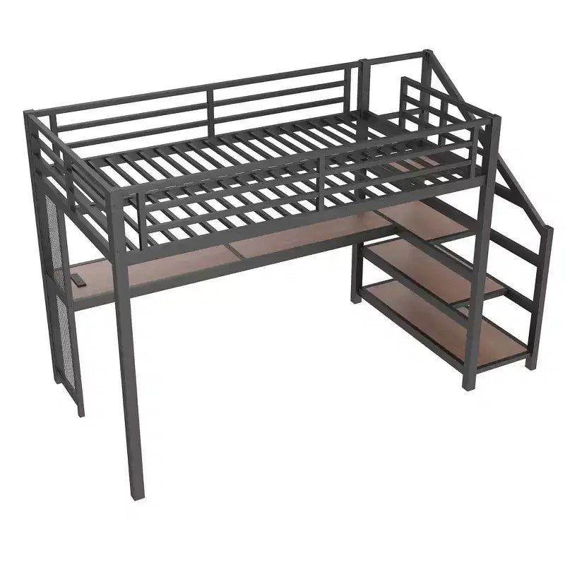 Twin XL Loft Bed with Desk and Storage Stairs Metal Loft Beds with LED Lights USB Ports Multifunctional Iron Nets No Spring Box Black