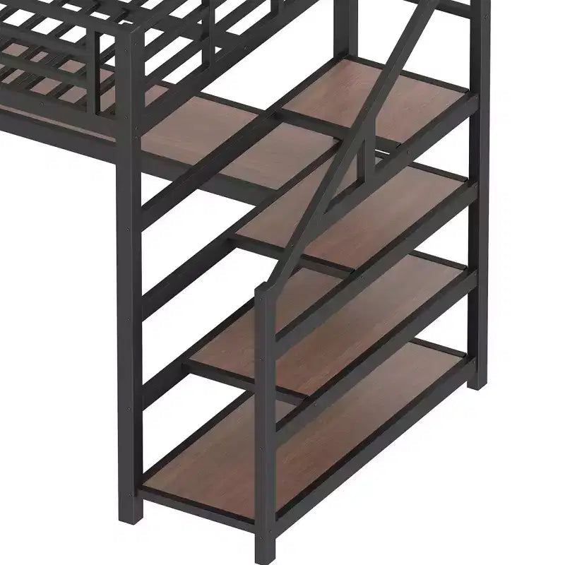 Twin XL Loft Bed with Desk and Storage Stairs Metal Loft Beds with LED Lights USB Ports Multifunctional Iron Nets No Spring Box Black
