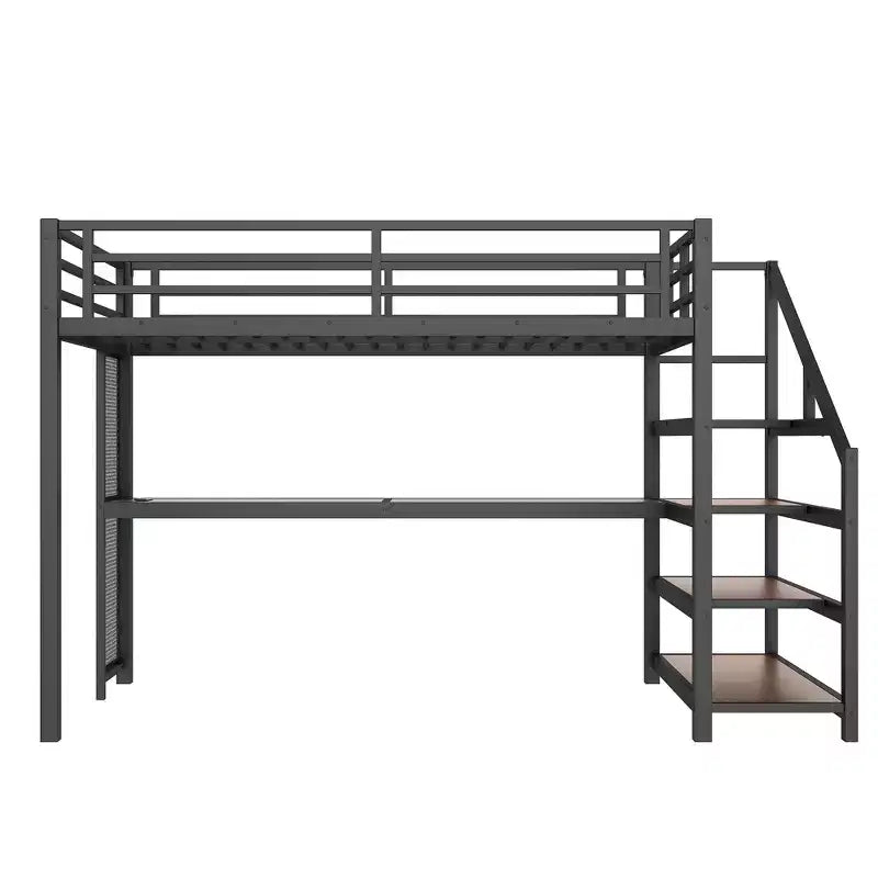 Twin XL Loft Bed with Desk and Storage Stairs Metal Loft Beds with LED Lights USB Ports Multifunctional Iron Nets No Spring Box Black