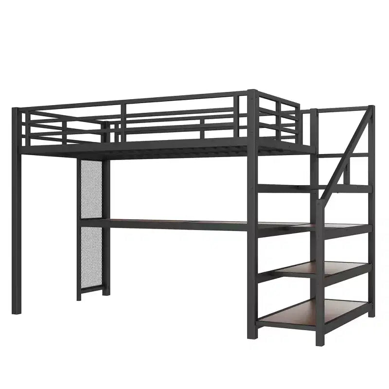 Twin XL Loft Bed with Desk and Storage Stairs Metal Loft Beds with LED Lights USB Ports Multifunctional Iron Nets No Spring Box Black