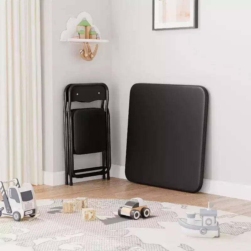 Kids 3-Piece Folding Table and Chair Set - Soft PU Cushion Seats, No Assembly Required, Portable Compact, Indoor Outdoor Use for Reading Play