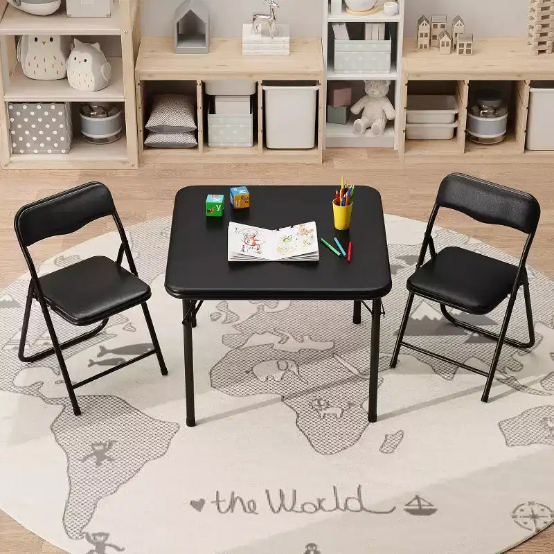 Kids 3-Piece Folding Table and Chair Set - Soft PU Cushion Seats, No Assembly Required, Portable Compact, Indoor Outdoor Use for Reading Play
