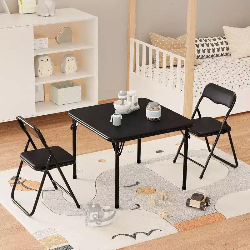 Kids 3-Piece Folding Table and Chair Set - Soft PU Cushion Seats, No Assembly Required, Portable Compact, Indoor Outdoor Use for Reading Play