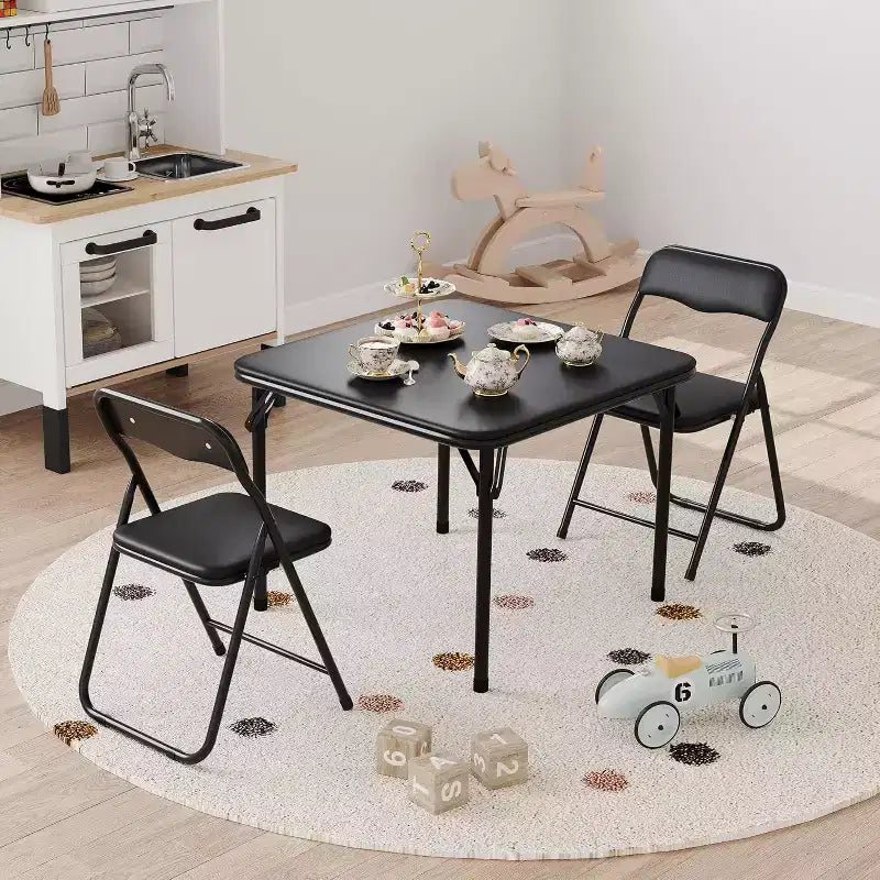 Kids 3-Piece Folding Table and Chair Set - Soft PU Cushion Seats, No Assembly Required, Portable Compact, Indoor Outdoor Use for Reading Play