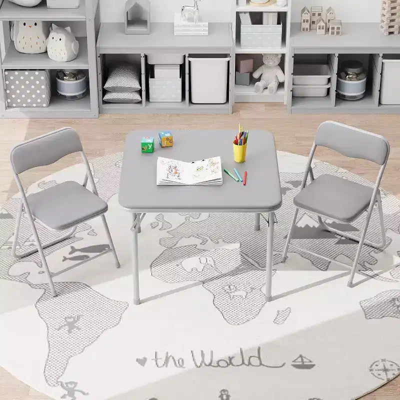 Kids 3-Piece Folding Table and Chair Set - Soft PU Cushion Seats, No Assembly Required, Portable Compact, Indoor Outdoor Use for Reading Play