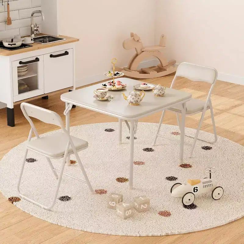 Kids 3-Piece Folding Table and Chair Set - Soft PU Cushion Seats, No Assembly Required, Portable Compact, Indoor Outdoor Use for Reading Play