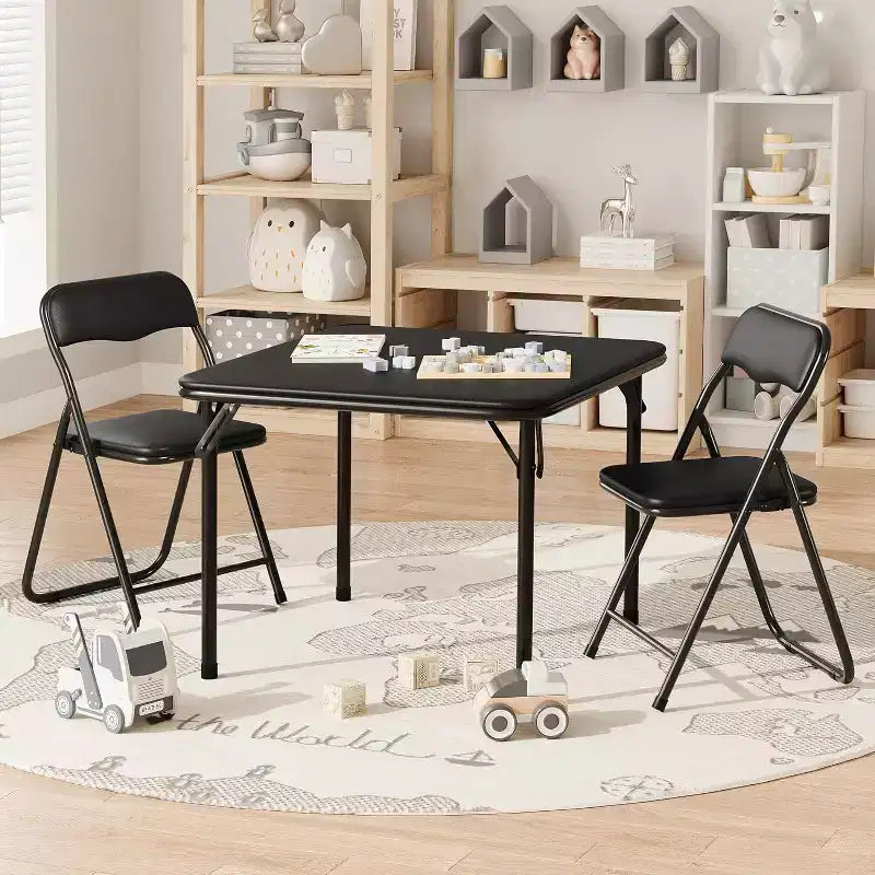 Kids 3-Piece Folding Table and Chair Set - Soft PU Cushion Seats, No Assembly Required, Portable Compact, Indoor Outdoor Use for Reading Play