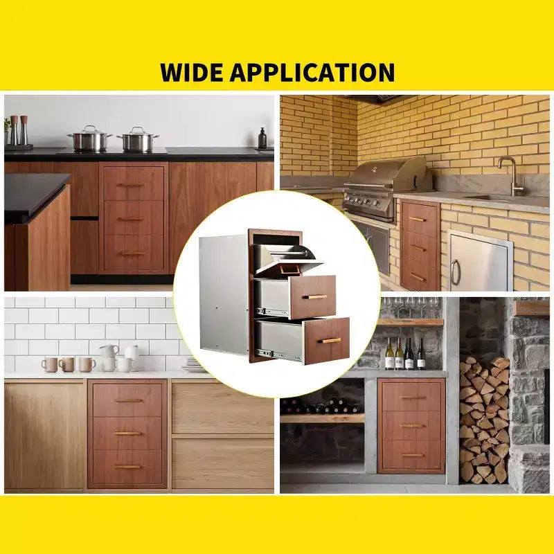 Outdoor Kitchen Drawers 17 W x 30 H x 21 D, Flush Mount Triple BBQ Drawers with Stainless Steel Handle, Paper Towel