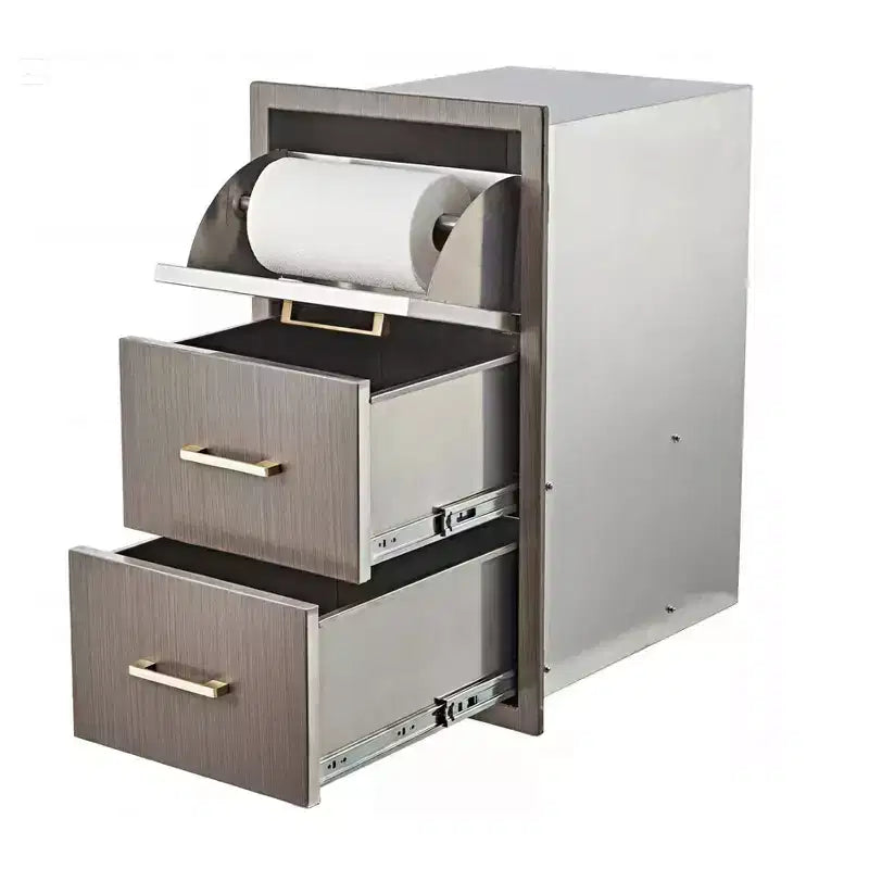 Outdoor Kitchen Drawers 17 W x 30 H x 21 D, Flush Mount Triple BBQ Drawers with Stainless Steel Handle, Paper Towel