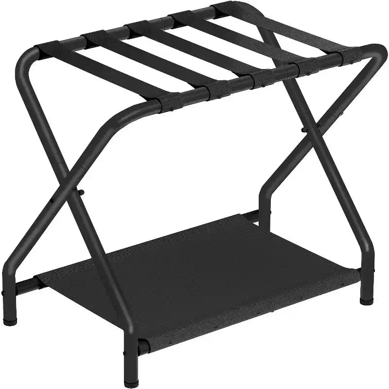 ACOINEL Folding Luggage Rack with Fabric Storage Shelf, 100 LB Capacity Suitcase Stand for Guest Room, Bedroom, Hotel-Space Saving, Black