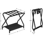 ACOINEL Folding Luggage Rack with Fabric Storage Shelf, 100 LB Capacity Suitcase Stand for Guest Room, Bedroom, Hotel-Space Saving, Black