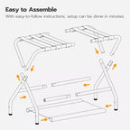 ACOINEL Folding Luggage Rack with Fabric Storage Shelf, 100 LB Capacity Suitcase Stand for Guest Room, Bedroom, Hotel-Space Saving, Black