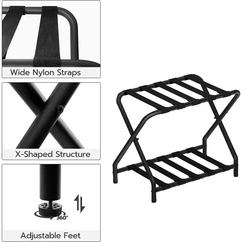 ACOINEL Folding Luggage Rack with Fabric Storage Shelf, 100 LB Capacity Suitcase Stand for Guest Room, Bedroom, Hotel-Space Saving, Black