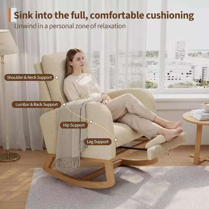 Teddy Fleece Nursery Rocking Chair - Modern Glider High Backrest Sturdy Wooden Legs Comfortable Accent Rocker for Living Room Bedroom Nursery