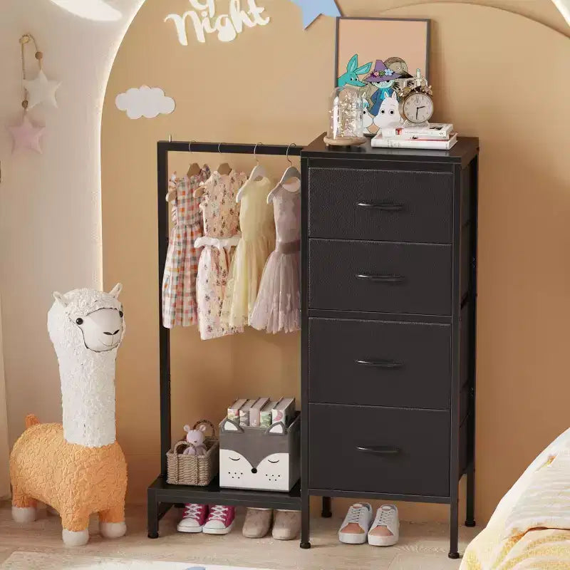 Dresser with Hanging Rack, 4 Drawers Small Closet for Bedroom, Reversible Fabric Kids Chest of Drawers with Clothes Rack, Tall Storage Tower, 44''H