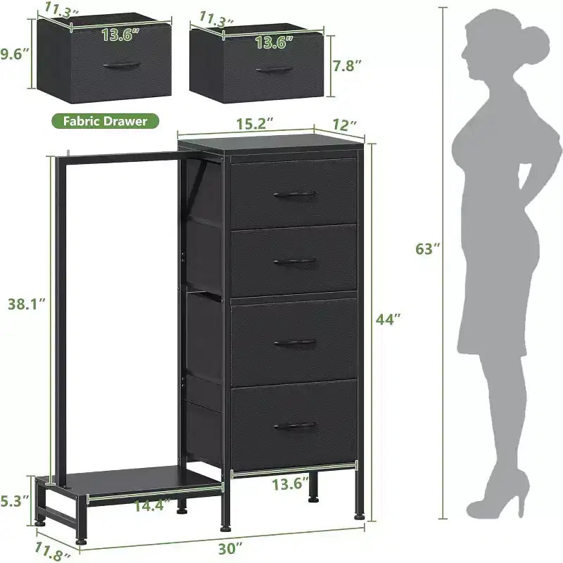 Dresser with Hanging Rack, 4 Drawers Small Closet for Bedroom, Reversible Fabric Kids Chest of Drawers with Clothes Rack, Tall Storage Tower, 44''H