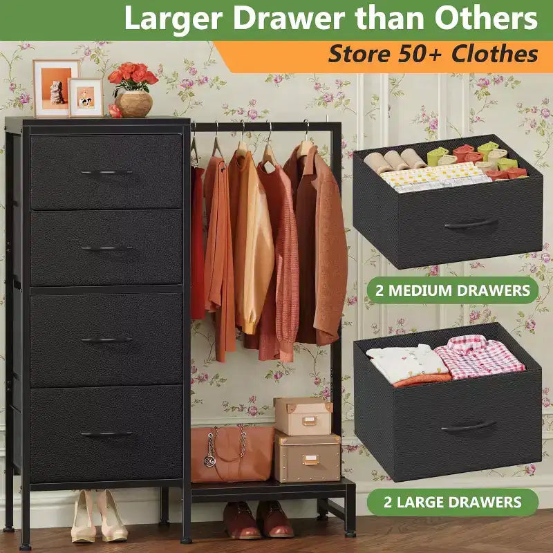 Dresser with Hanging Rack, 4 Drawers Small Closet for Bedroom, Reversible Fabric Kids Chest of Drawers with Clothes Rack, Tall Storage Tower, 44''H
