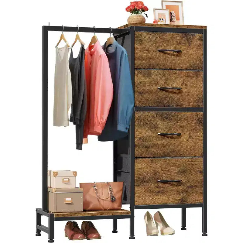 Dresser with Hanging Rack, 4 Drawers Small Closet for Bedroom, Reversible Fabric Kids Chest of Drawers with Clothes Rack, Tall Storage Tower, 44''H