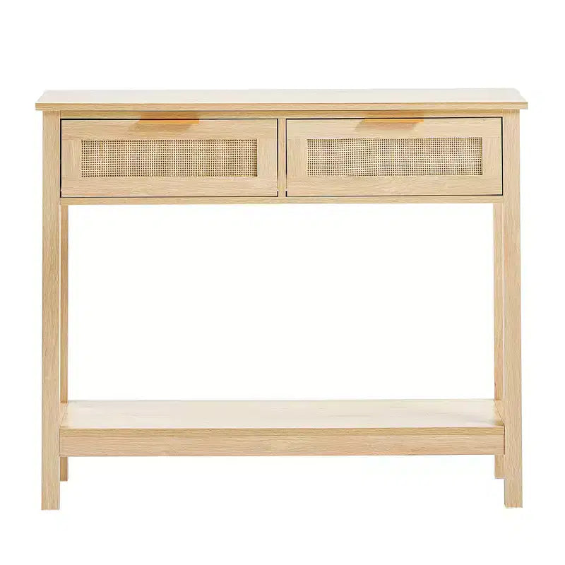 Rattan Console Table with 2 Drawers and Sliding Rattan Door Entryway Sofa Table for Living Room