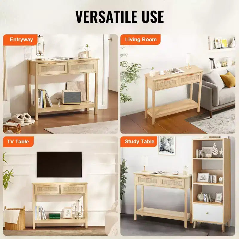 Console in Rattan con 2 Cassetti e Anta Scorrevole in Rattan, Tavolino da Divano per Ingresso, Soggiorno