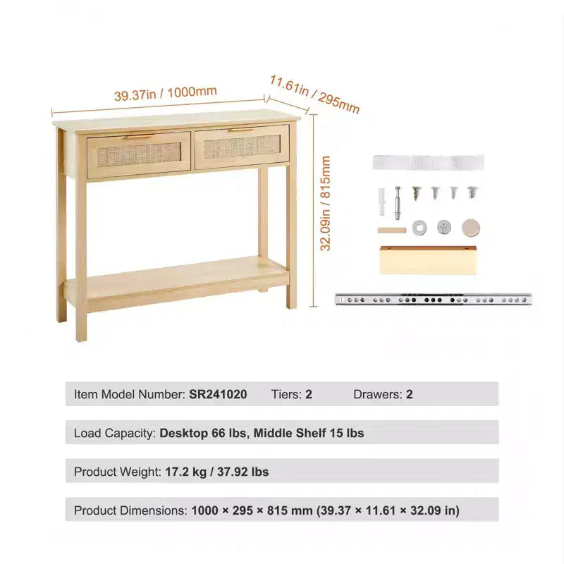 Console in Rattan con 2 Cassetti e Anta Scorrevole in Rattan, Tavolino da Divano per Ingresso, Soggiorno