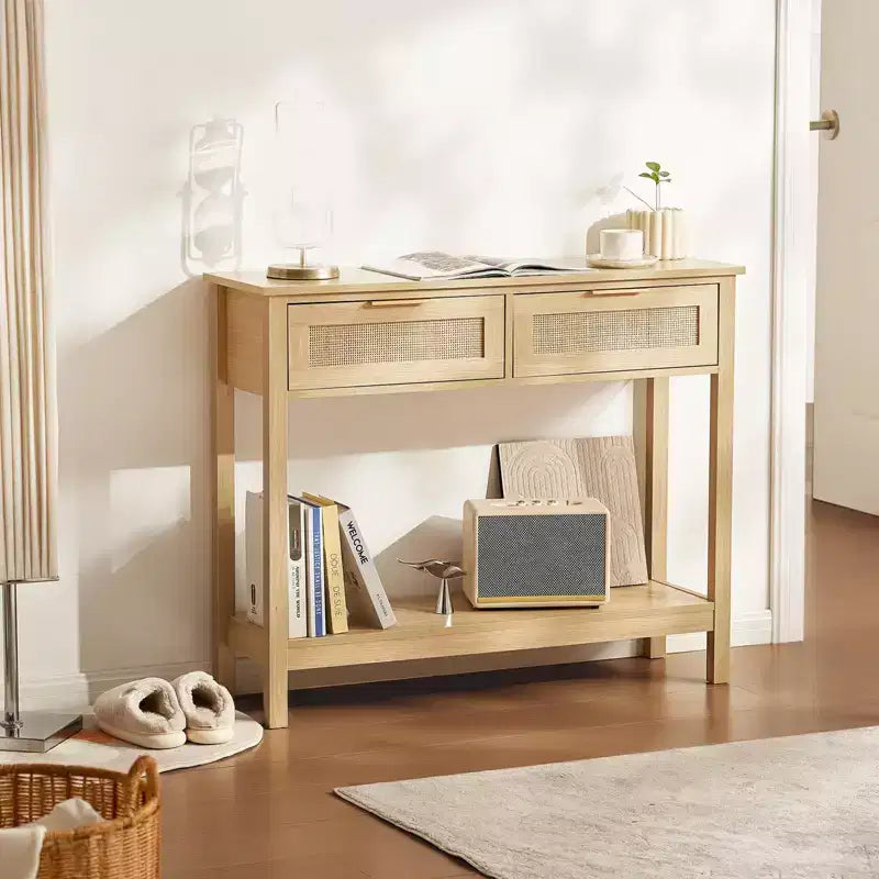 Console in Rattan con 2 Cassetti e Anta Scorrevole in Rattan, Tavolino da Divano per Ingresso, Soggiorno