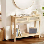 Console in Rattan con 2 Cassetti e Anta Scorrevole in Rattan, Tavolino da Divano per Ingresso, Soggiorno