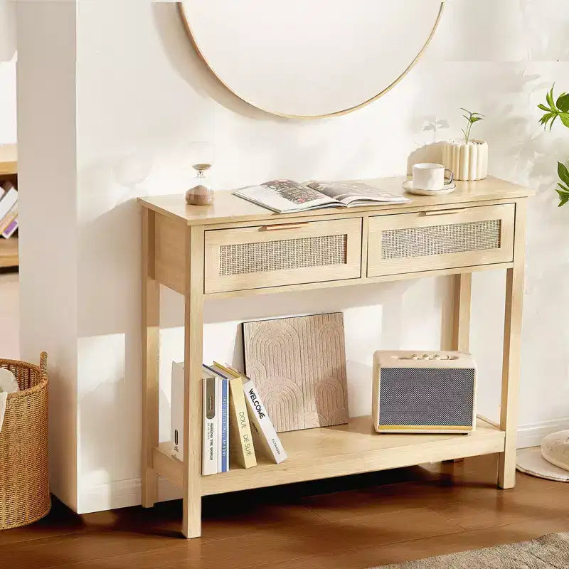 Console in Rattan con 2 Cassetti e Anta Scorrevole in Rattan, Tavolino da Divano per Ingresso, Soggiorno