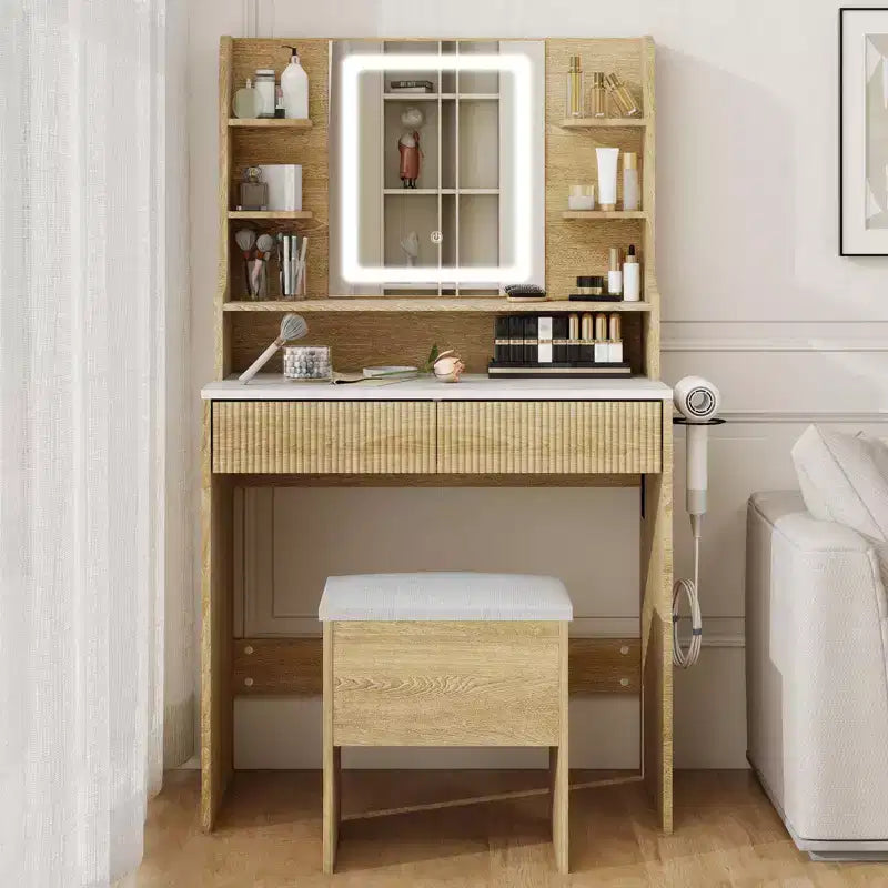 Makeup Vanity Desk With Mirror And Lights, 31.4 Dressing Table With Power Outlet And Storage Stool