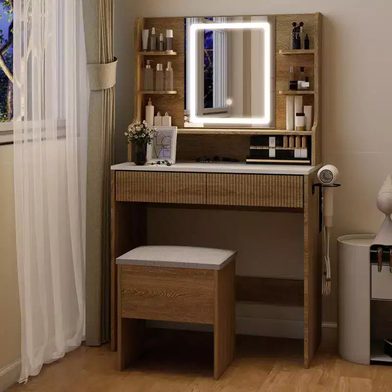 Makeup Vanity Desk With Mirror And Lights, 31.4 Dressing Table With Power Outlet And Storage Stool